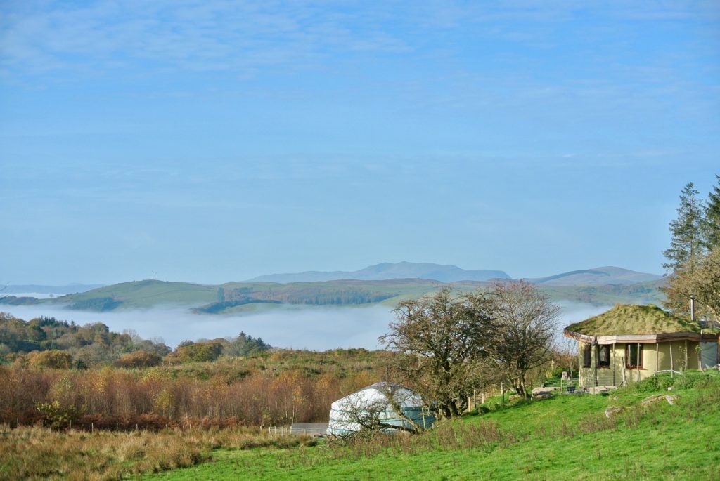 Ty Mam Mawr - Roundhouse and Yurt looking to West - Autumn