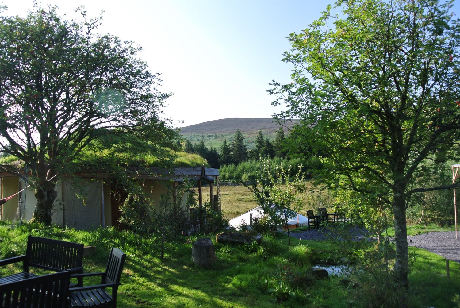 Ty Mam Mawr eco retreat centre straw bale round house and mongolian yurt looking out at Moel y Henfaes in North Wales